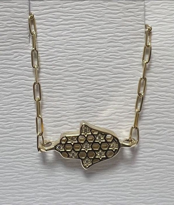 14K gold Honeycomb hamsa bracelet paperclip