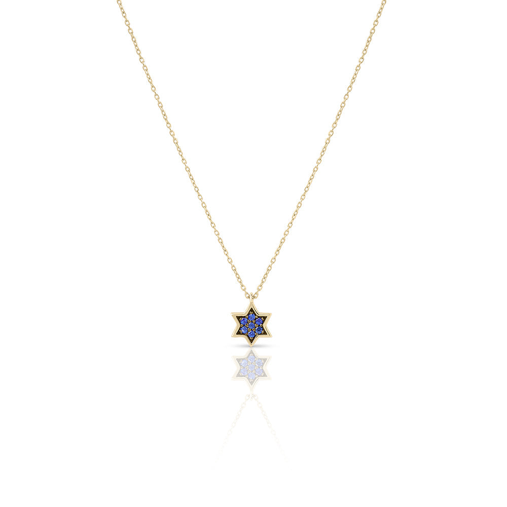 14k gold 1cm full star of David Blue sapphire necklace