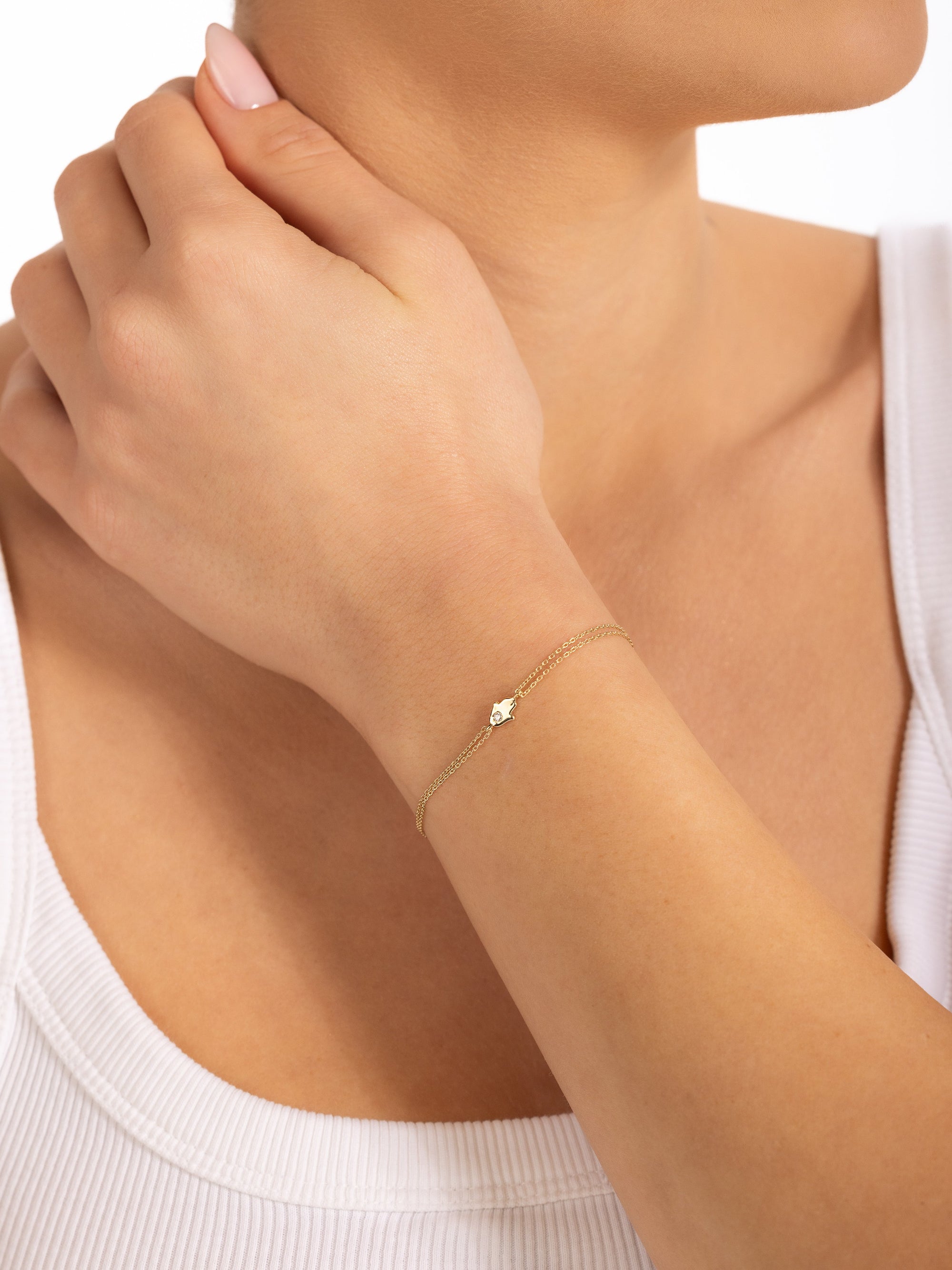 14k gold Mystic Gold &amp; Single Diamond Hamsa Bracelet