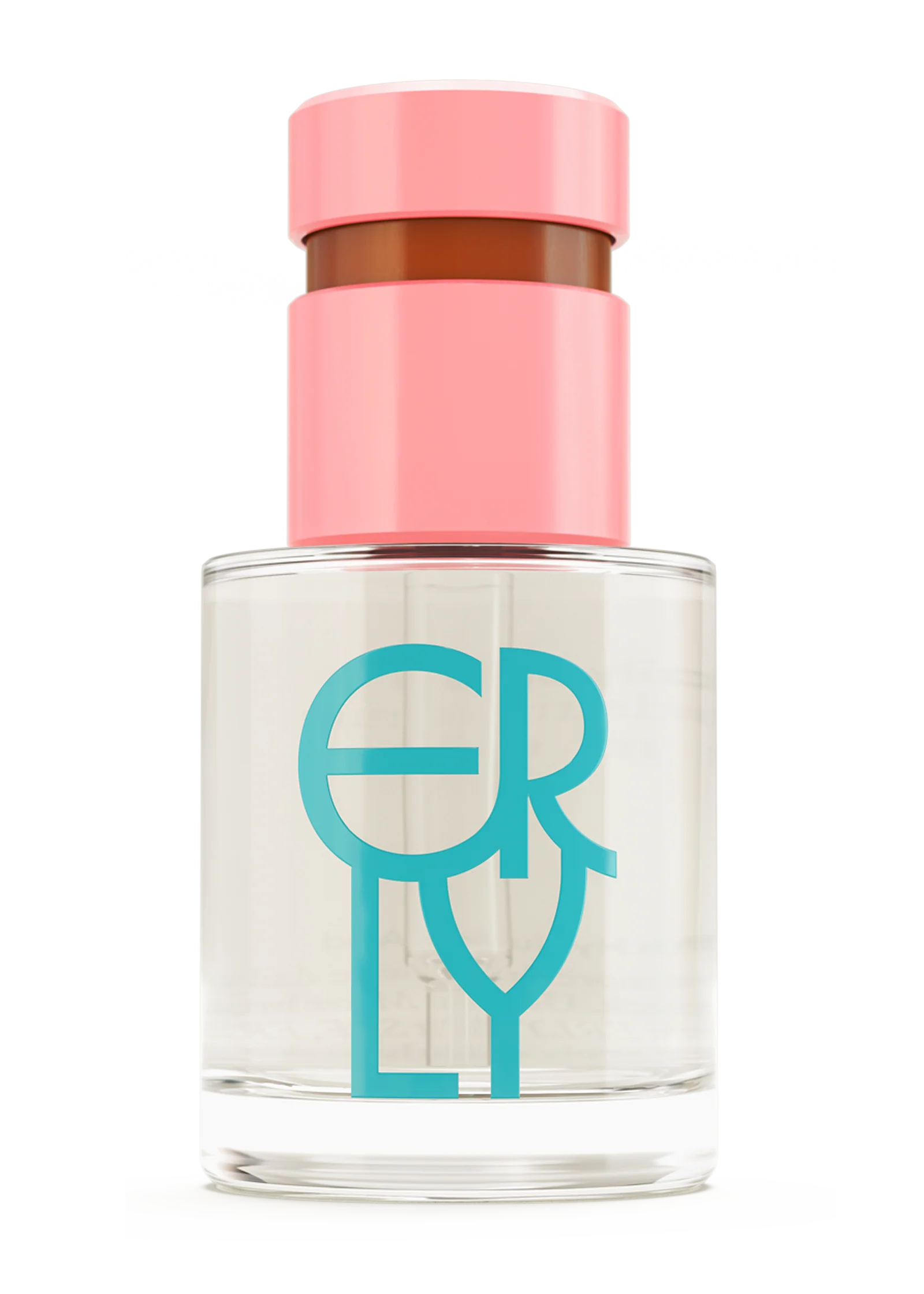 Serum bottle with pink cap and turquoise logo on a white background
