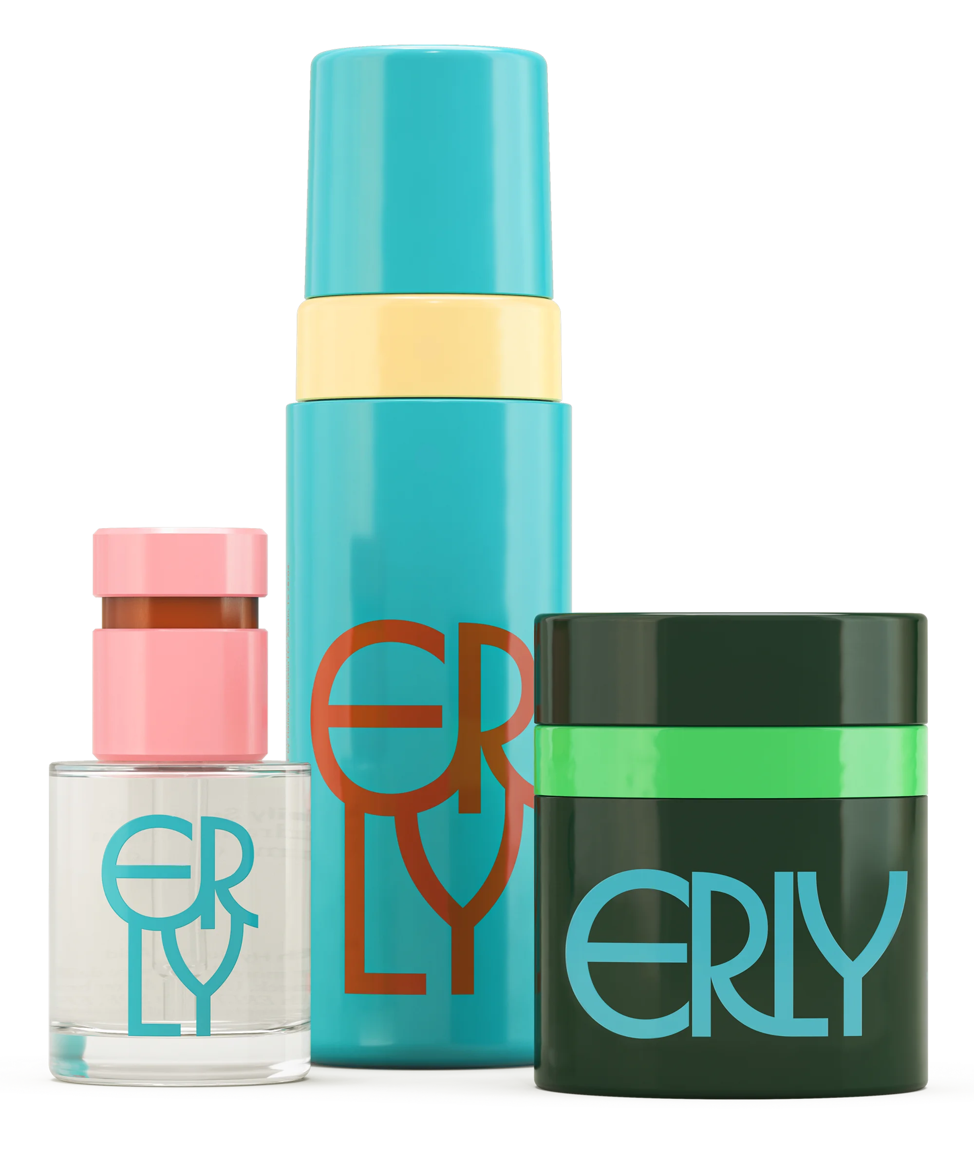 Erly cosmetic products including a bottle, box, and jar on a white background