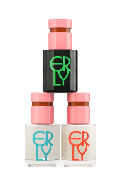Three serum bottles with pink caps and colorful labels on a white background