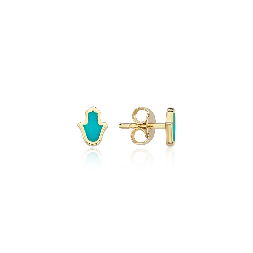 14k Gold Enamel Hamsa Earring
