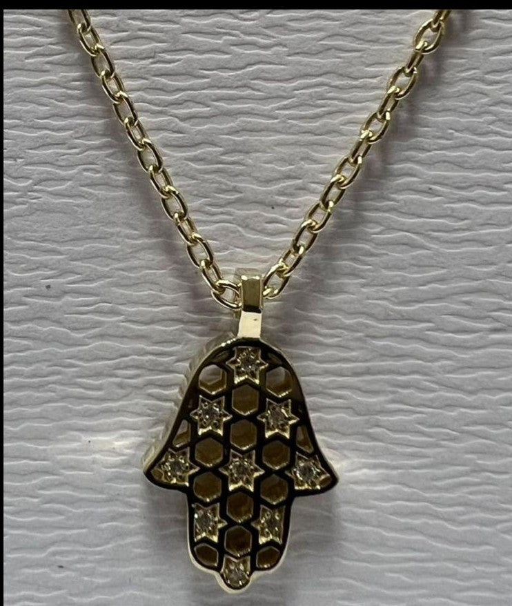 14K gold Honeycomb hamsa necklace