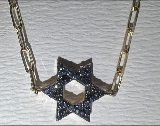 14k gold Classic star of David bracelet paperclip Blue sapphire