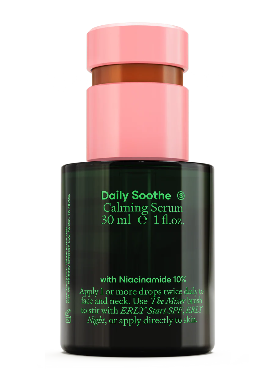 Daily Soothe Calming Serum bottle with pink cap on a white background