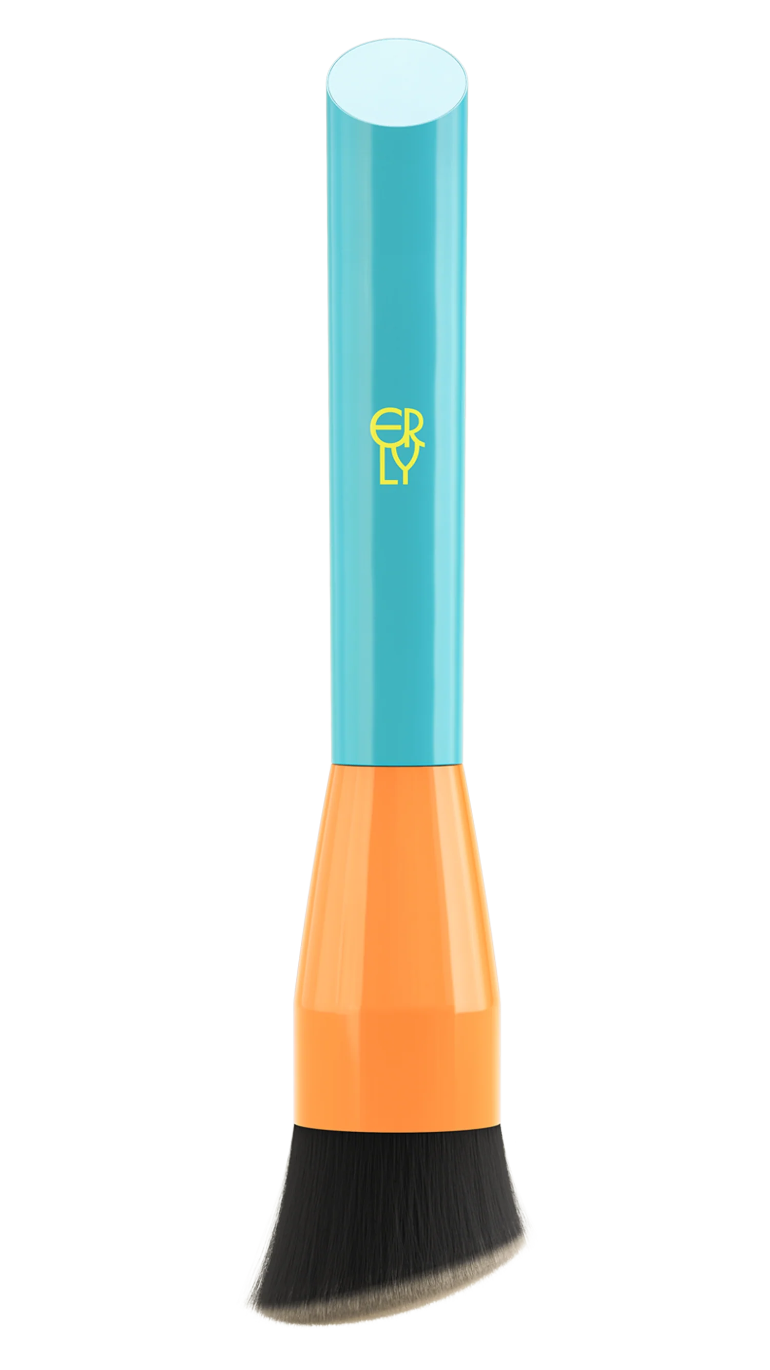 Cosmetic brush with a blue and orange handle on a white background