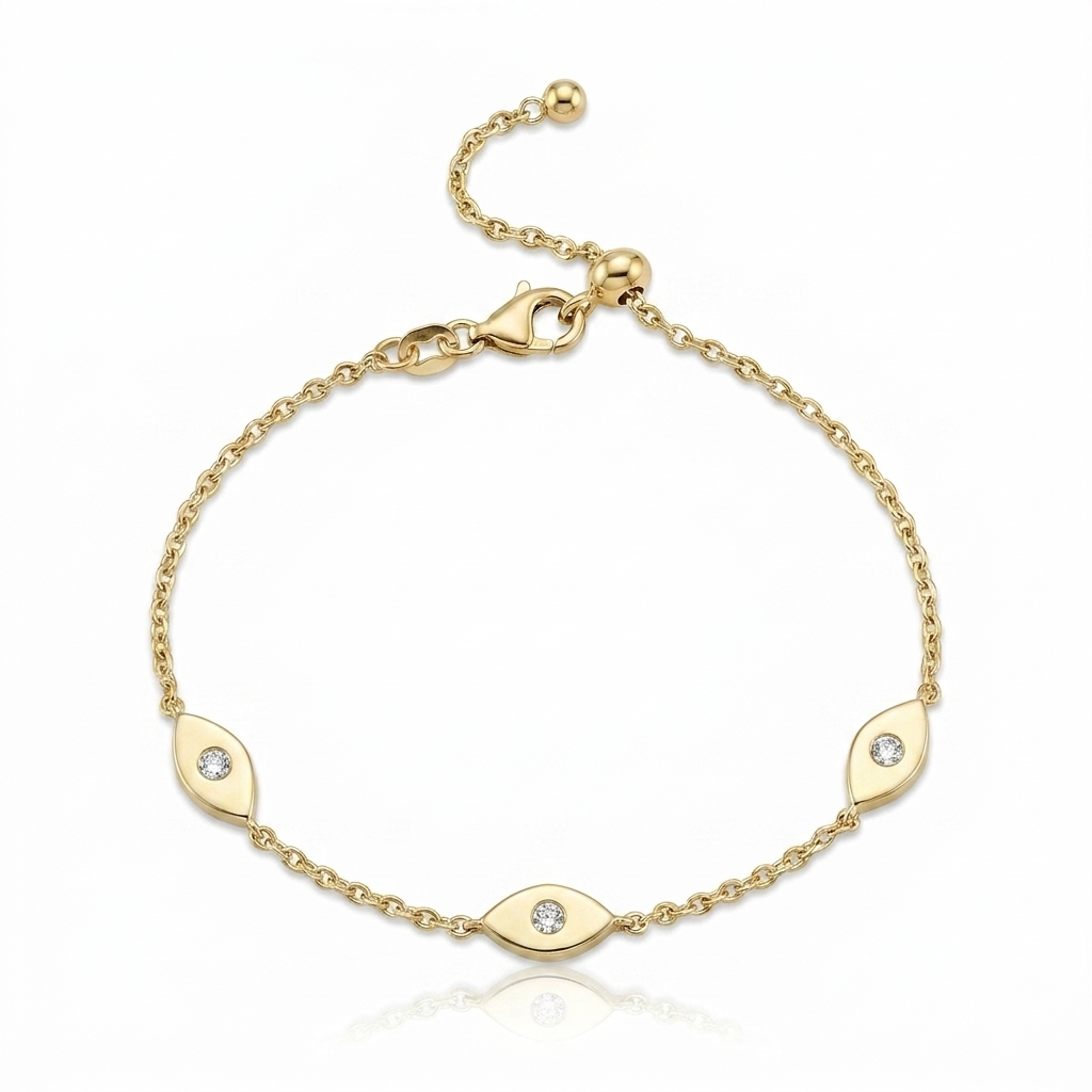 14k gold  Mystic 3 charm single diamond eye bracelet